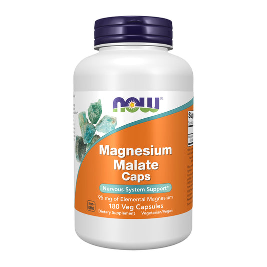 NOW Foods envase frontal con Magnesium Malate 95 mg para apoyo nervioso