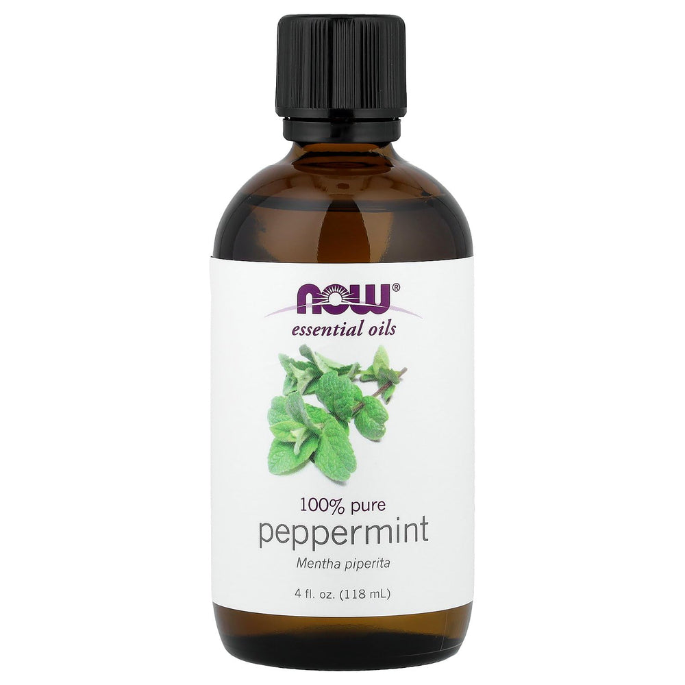 Now Foods botella frontal de aceite de menta, muestra clara y pureza