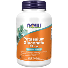 NOW Foods potassium gluconate 99mg tablet close-up, convenient daily support for electrolyte balance.