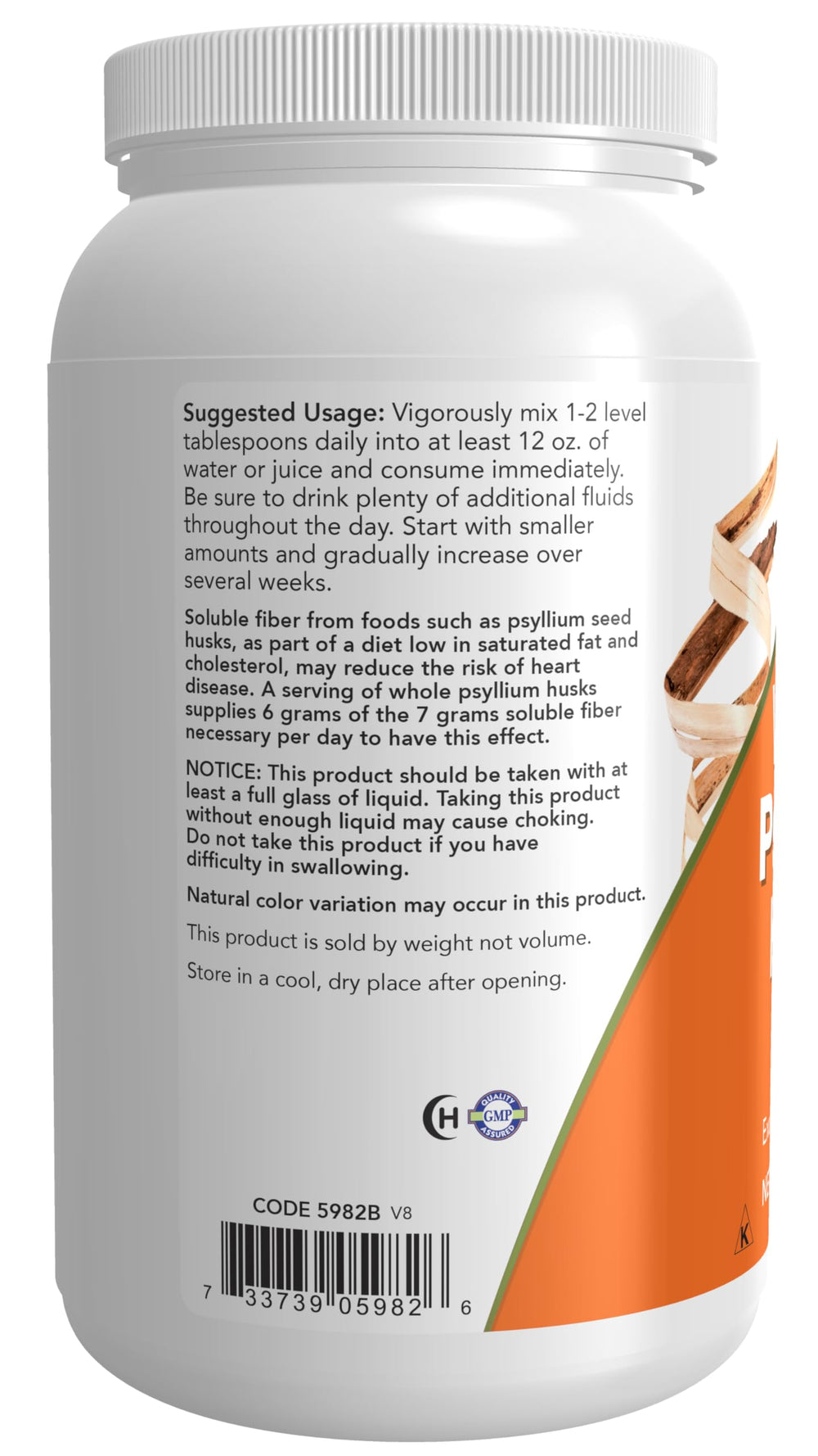 Cuchara con psyllium NOW Foods lista para medir 6 g de fibra soluble