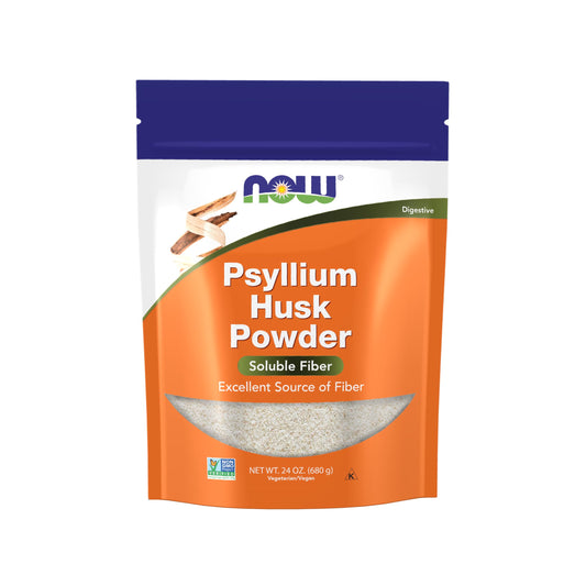 NOW Foods Psyllium Husk Powder 24 oz packaging supports daily fiber goals.
