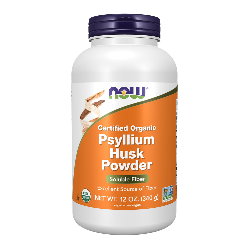 NOW Foods paquete frontal mostrando polvo orgánico y tamaño 12 oz beneficioso