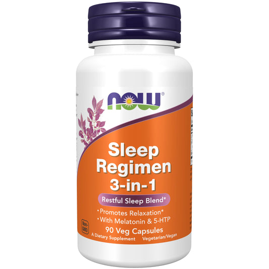 NOW Foods Sleep Regimen muestra la botella para apoyar relajación nocturna
