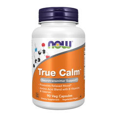 NOW Foods frasco True Calm al frente mostrando etiqueta y tamaño beneficioso