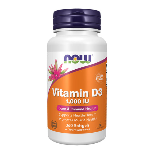 NOW Foods envase frontal de vitamina D-3 360 softgels, muestra durabilidad