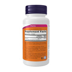 Cápsula blanda D-Alpha tocopheryl de NOW Foods en primer plano, fácil de tragar
