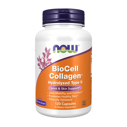 NOW Foods envase frontal de BioCell Collagen® 120 cápsulas mostrando diseño y cantidad