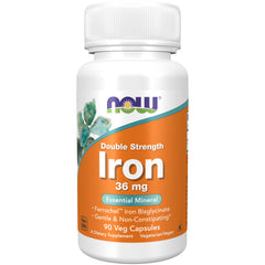 NOW Foods envase frontal de Hierro 36 mg que destaca la doble fuerza y beneficios