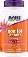 NOW Foods bote frontal de inositol 500 mg, envase claro y presentación de 200 cápsulas útil para compra