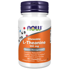 NOW L-Theanine envase frontal mostrando presentación y beneficio de relajación