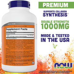 NOW Foods pilas de tabletas L-Lysine 1000 mg mostrando tamaño y acabado, conveniente dosificación