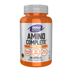 NOW Sports envase frontal de Amino Complete mostrando 120 cápsulas y beneficio de recuperación