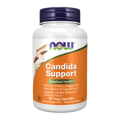 NOW Foods frasco frontal de Candida Support mostrando 90 cápsulas y beneficios de equilibrio
