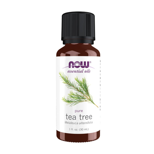 NOW Tea Tree frontal mostrando frasco y marca, transmite pureza