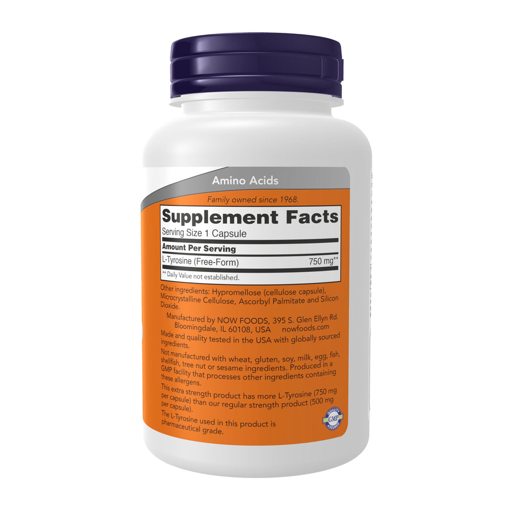 Capsula de NOW L-Tyrosine primer plano, textura y forma clara para tomar