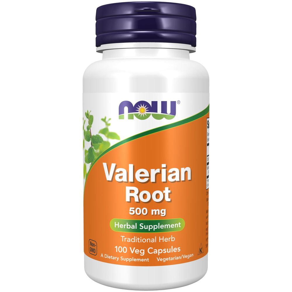 NOW Foods frasco frontal de Valerian Root 500 mg mostrando envase claro y cantidad