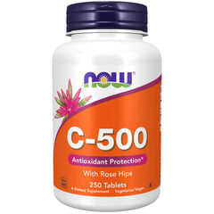 NOW Vitamin C-500 frente del envase mostrando el tamaño y sello GMP