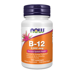 NOW Foods envase frontal mostrando 100 pastillas y beneficios de B-12