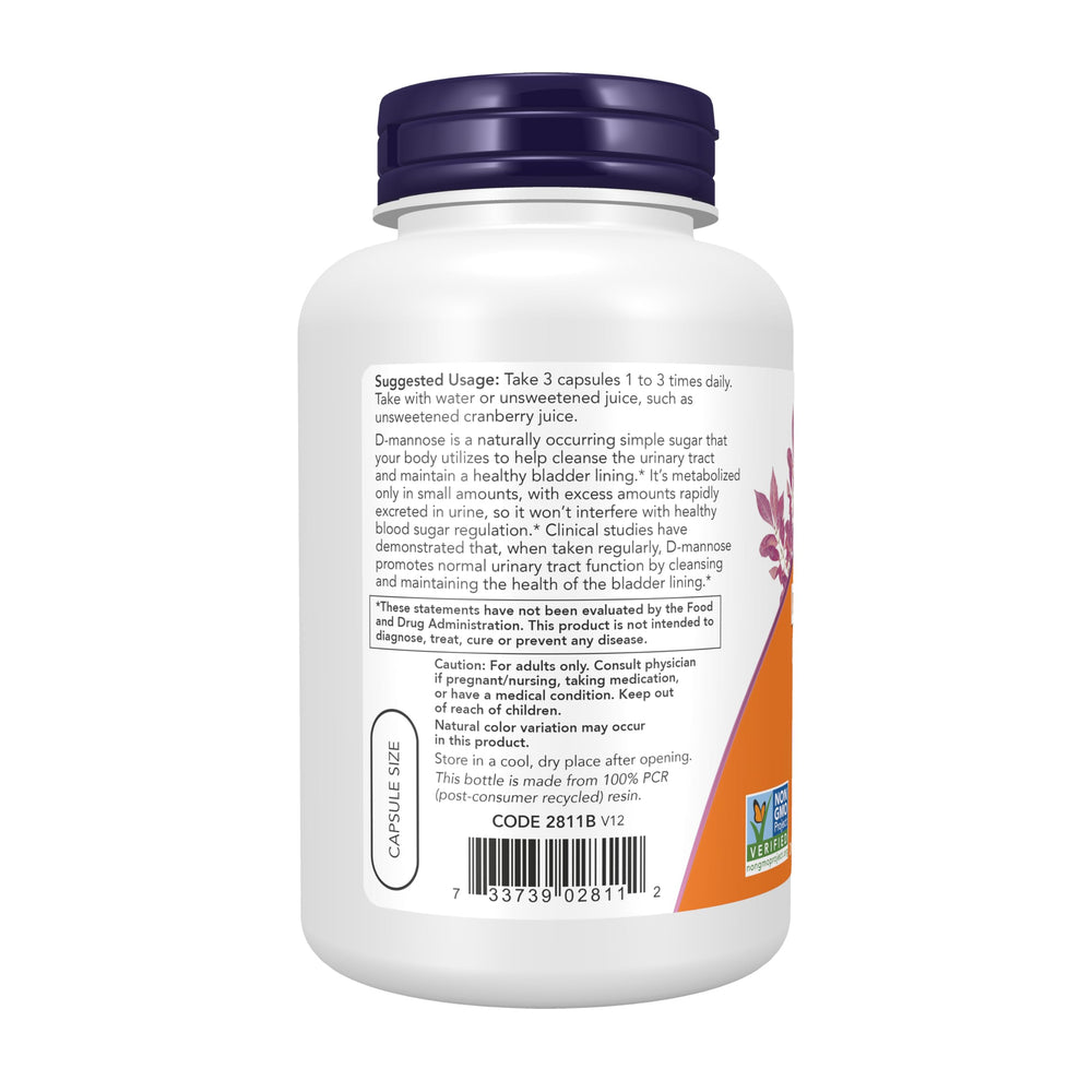 NOW Foods polvo de D-Mannose en primer plano resaltando pureza y textura fina