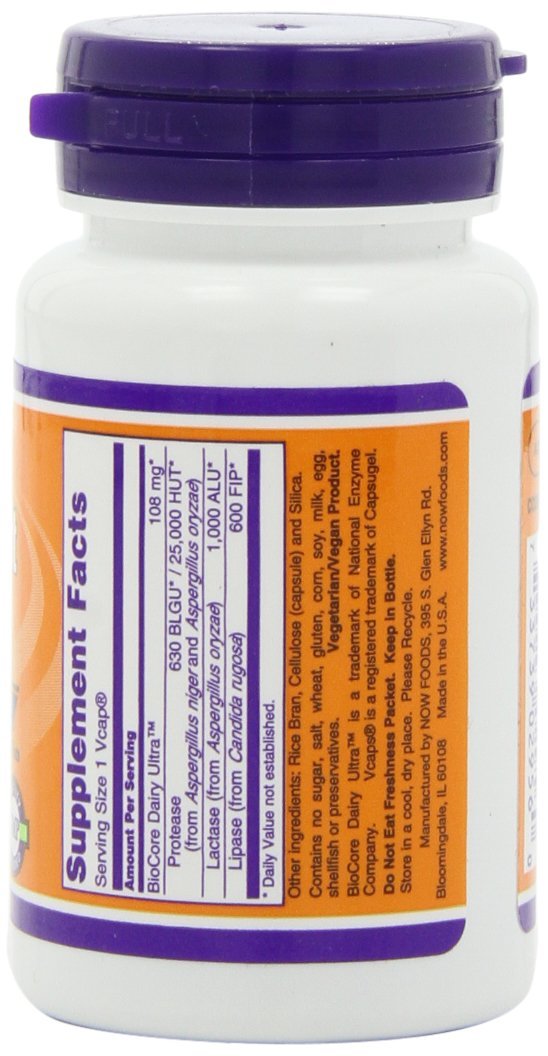 NOW Foods cápsula junto a yogur que ilustra apoyo digestivo al consumir lácteos