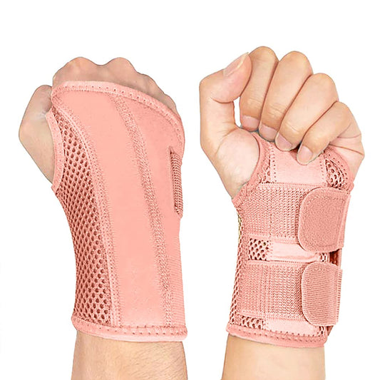 NuCamper vista frontal del empaque y muñequera rosa, apariencia profesional y protección