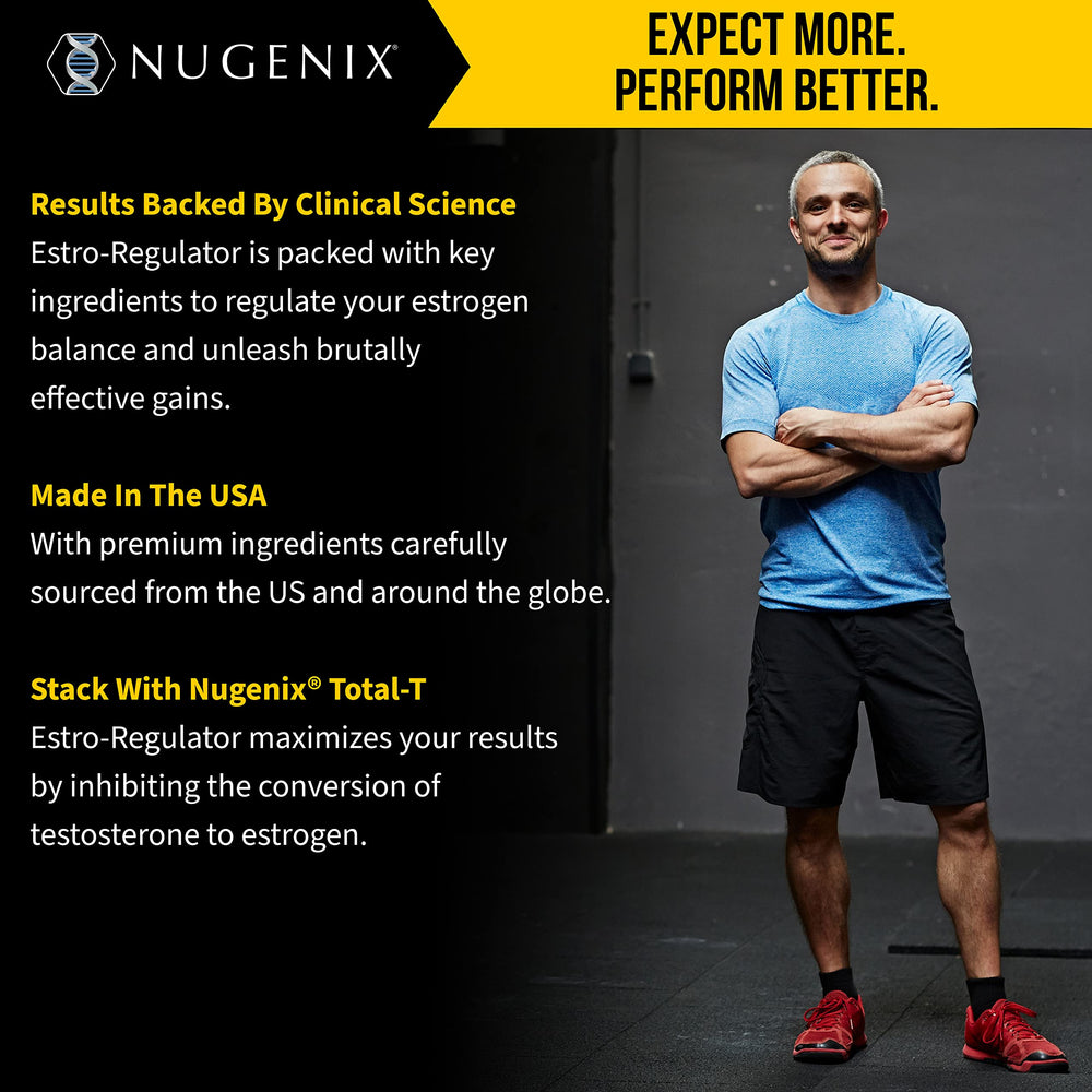 Nugenix Estro-Regulator envase en manos para escala y claridad de dosis recomendada