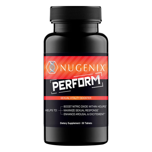 Nugenix Perform frasco delantero mostrando etiqueta clara y beneficios