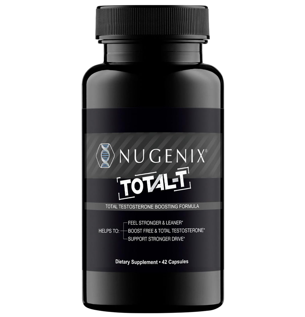 Nugenix Total-T frente del empaque mostrando diseño y beneficio de soporte energético