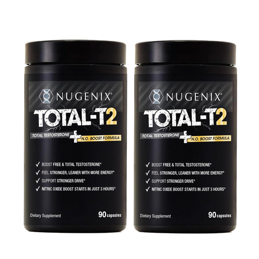 Nugenix Total-T2 vista frontal del envase mostrando la presentación y beneficios