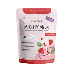 Nurished empaque frontal del polvo mostrando sabor fresa y beneficios