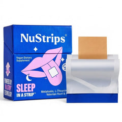 NuStrips vista frontal del empaque mostrando tamaño y sabor arándano, conveniencia portátil