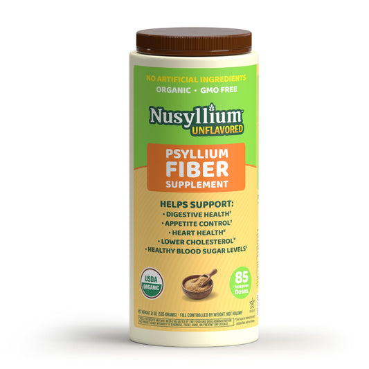 Envase NuSyllium frontal mostrando 21 oz y diseño orgánico beneficios claros