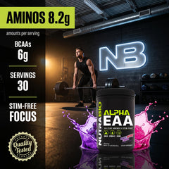 Escena lifestyle con NutraBio Alpha EAA en mesa de entrenamiento, energía y recuperación diaria