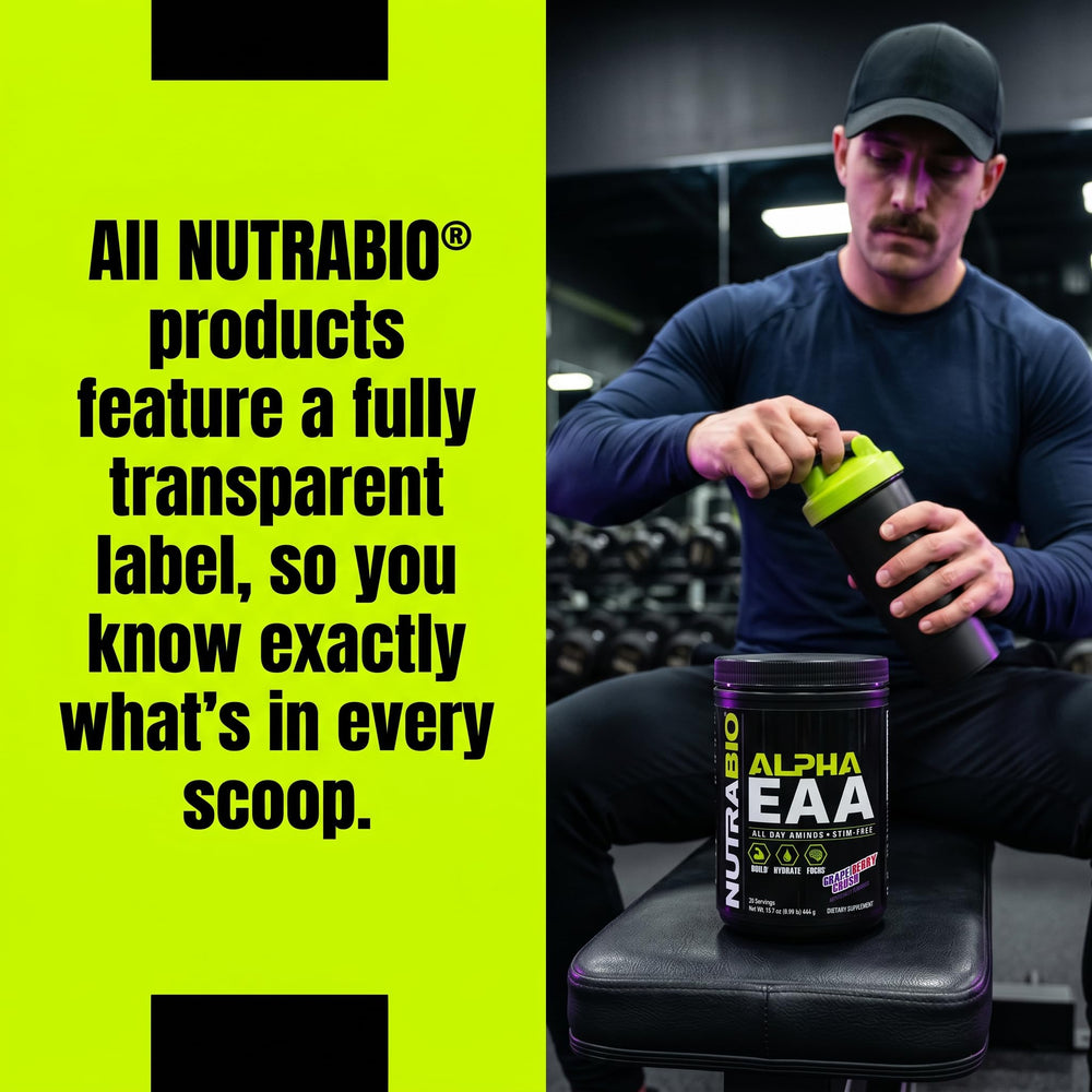 NutraBio Alpha EAA junto a una mano para comparar tamaño del envase y porciones