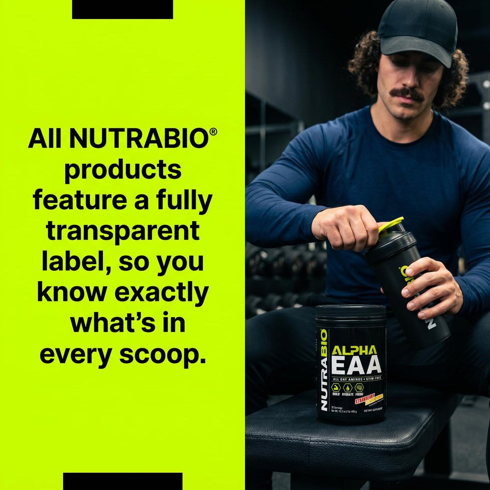 NutraBio Alpha EAA uso antes de entrenamiento para recuperación y energía
