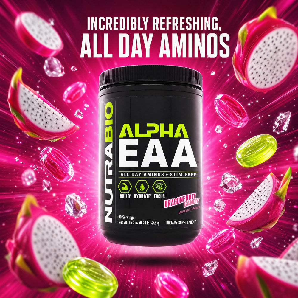 NutraBio Alpha EAA etiqueta completa exhibiendo ingredientes y dosificación transparente
