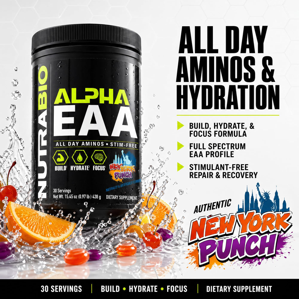 NutraBio Alpha EAA cucharada medidora indicando la dosis precisa