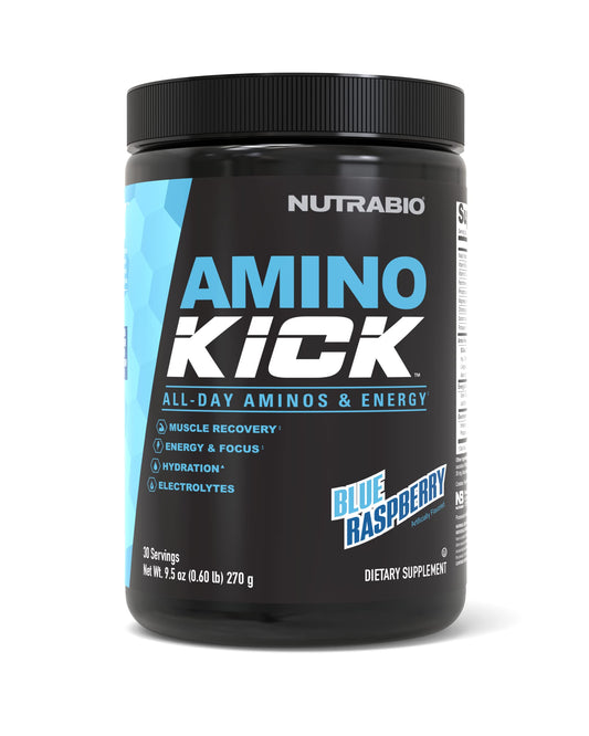 NutraBio Amino Kick en lata ofrece energía para entrenar y recuperación.