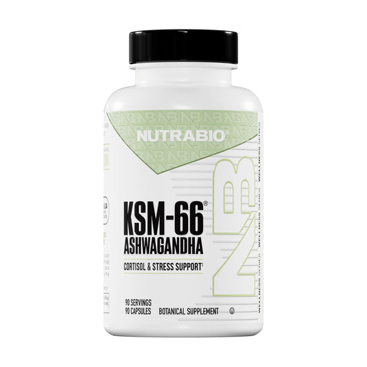 NutraBio botella frontal mostrando la marca y beneficio para el equilibrio