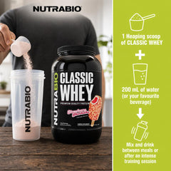Detalle del sabor Strawberry Shortcake en polvo NutraBio, experiencia dulce