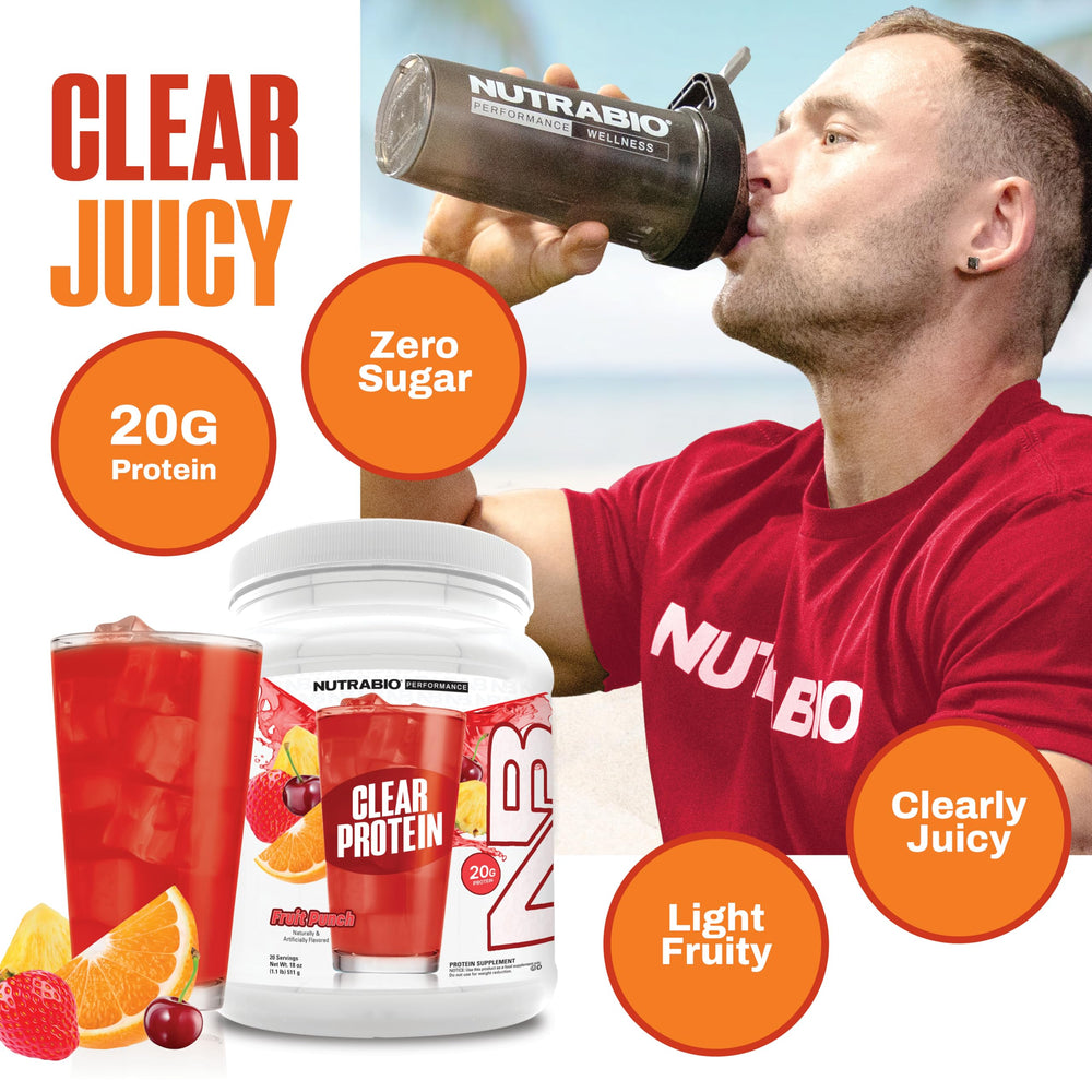NutraBio bebida clara y refrescante sin textura láctea visible