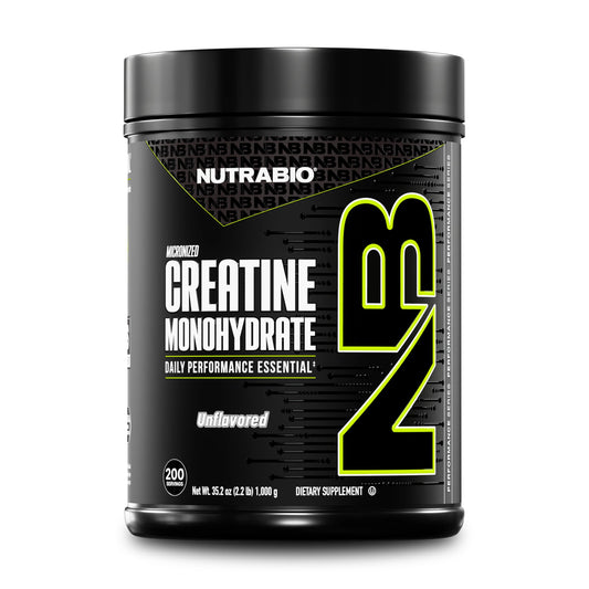 NutraBio frasco frontal del producto mostrando diseño y tamaño beneficioso