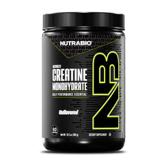 NutraBio envase frontal de creatina mostrando diseño y tamaño beneficioso