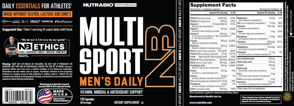NutraBio MultiSport etiqueta con lista de 33 nutrientes y origen de ingredientes