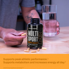 NutraBio MultiSport closeup de tabla nutricional que muestra dosis exactas