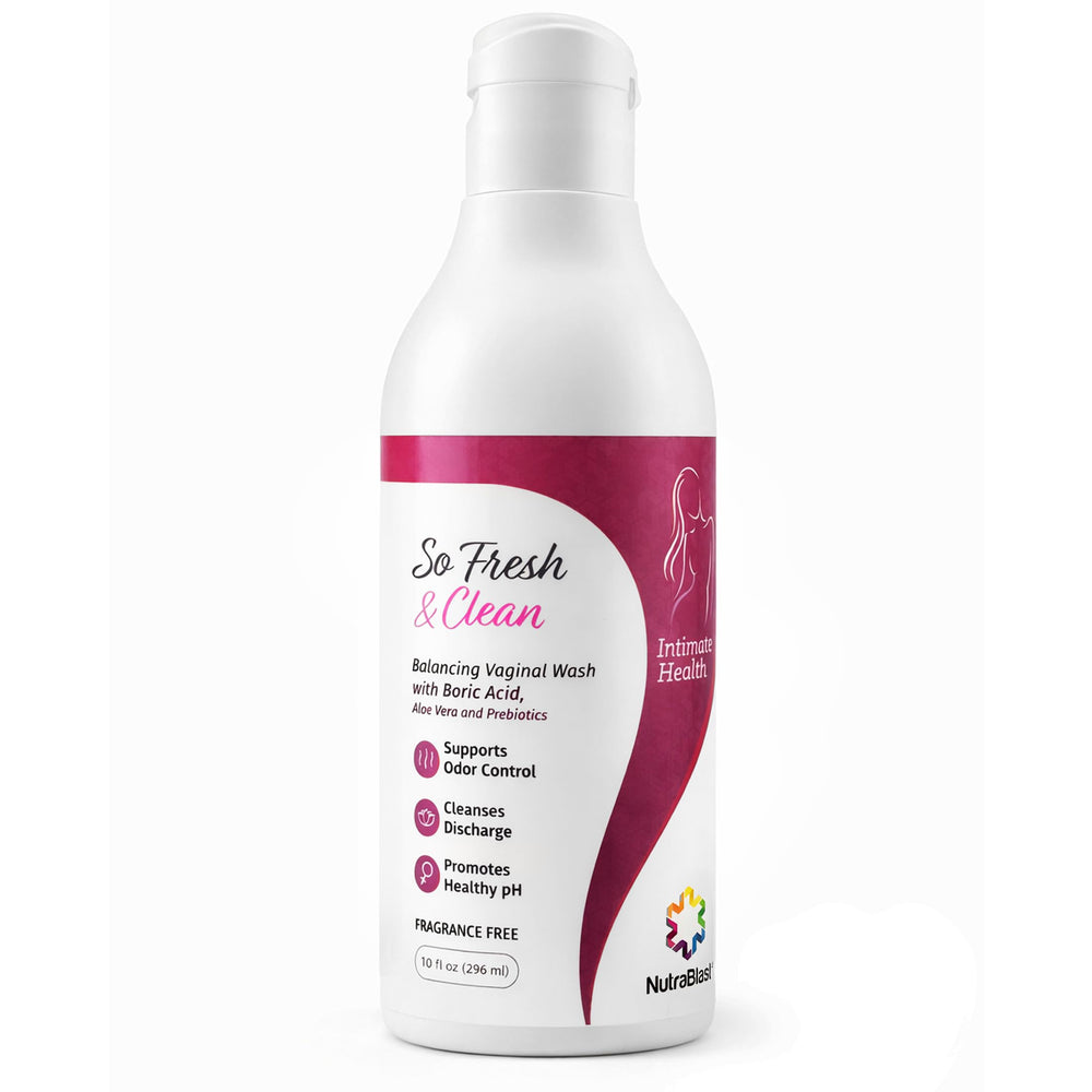 NutraBlast frasco frente mostrando etiqueta clara y beneficio limpieza suave