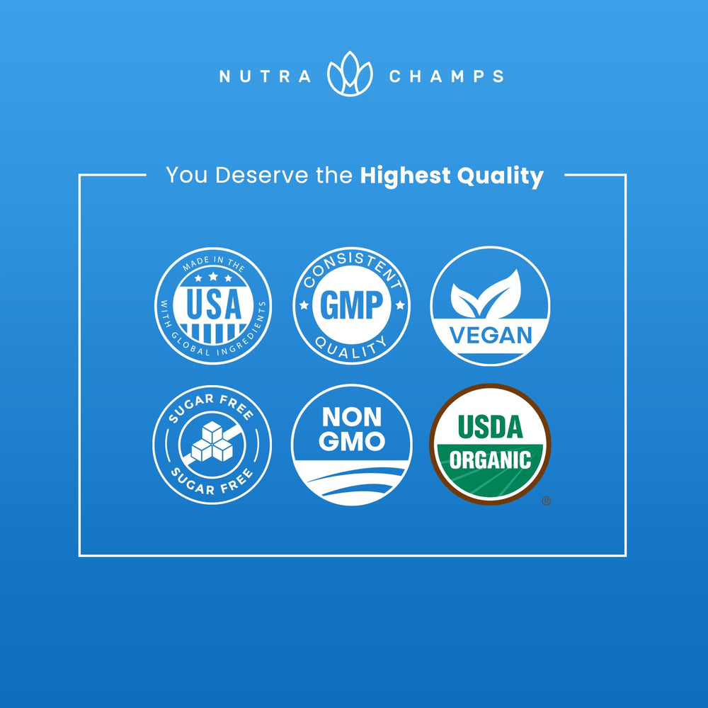 NutraChamps frasco junto a mano para comparar tamaño y porciones