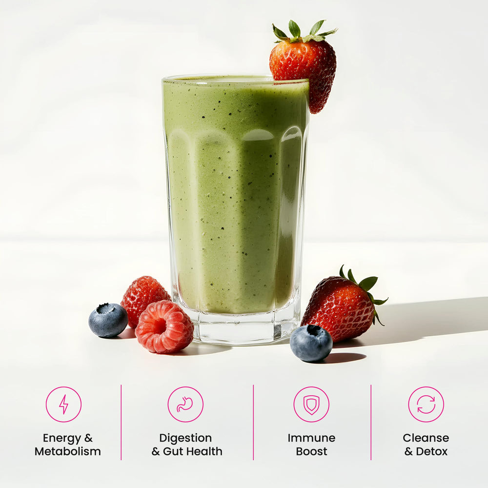 NutraChamps vaso con SuperGreens preparado listo para consumir