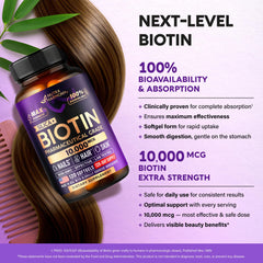 Etiqueta nutricional de NUTRAHARMONY Biotin 10000mcg mostrando dosis y pureza farmacéutica