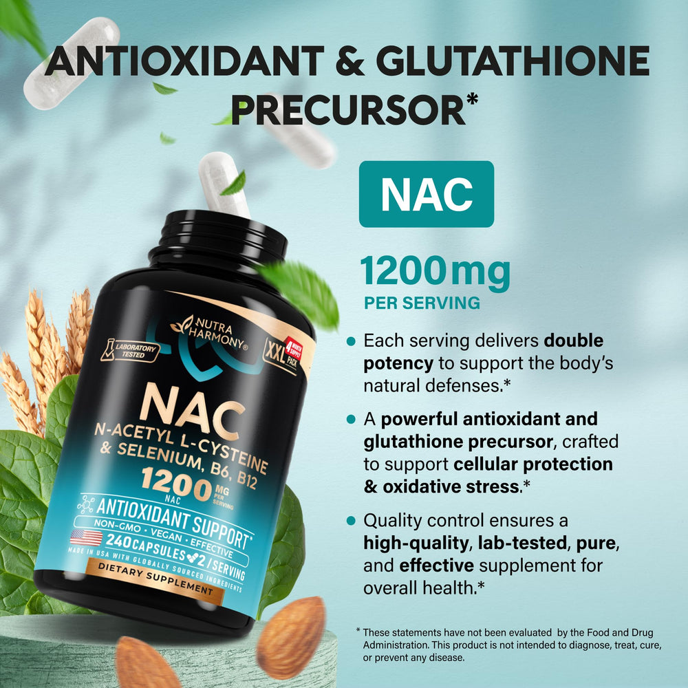 Etiqueta nutricional de NUTRAHARMONY NAC detallada, permite verificar ingredientes y dosis